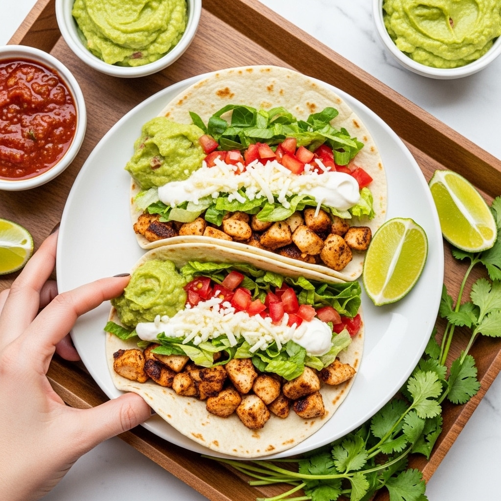 Two soft tortillas folded in half sit on a white plate placed on a wooden tray, each filled with four layers: at the bottom, browned grilled chicken chunks with a slightly crispy texture; above this, fresh green lettuce and small diced red tomatoes add color; next, a creamy white layer of sour cream topped with shredded white cheese; and finally, a dollop of bright green guacamole nestled near the opening. A woman's hand is gently holding the front tortilla. Around the plate, there are small white bowls with chunky red salsa and smooth green guacamole, fresh lime wedges, and sprigs of green cilantro on a white marbled texture. photo taken with an iphone --ar 4:5 --v 7
