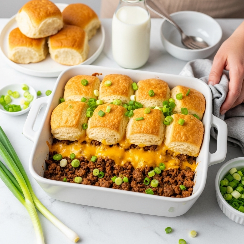A white baking dish filled with a layered casserole that has about three visible layers. The bottom layer contains browned ground meat mixed with diced green onions scattered throughout. Above that is a layer of melted golden yellow cheese, slightly bubbly and mixed with the meat. The top layer is made of golden brown biscuit pieces arranged closely side by side, showing crisp, slightly raised edges with a soft inside. More chopped green onions are sprinkled on top over the biscuits and cheese. Surrounding the dish on a white marbled texture are fresh rolls on a white plate, loose green onion pieces, a glass bottle with white milk, and a white bowl with more chopped green onions. A woman's hand with a cloth is partly visible near the dish. photo taken with an iphone --ar 4:5 --v 7