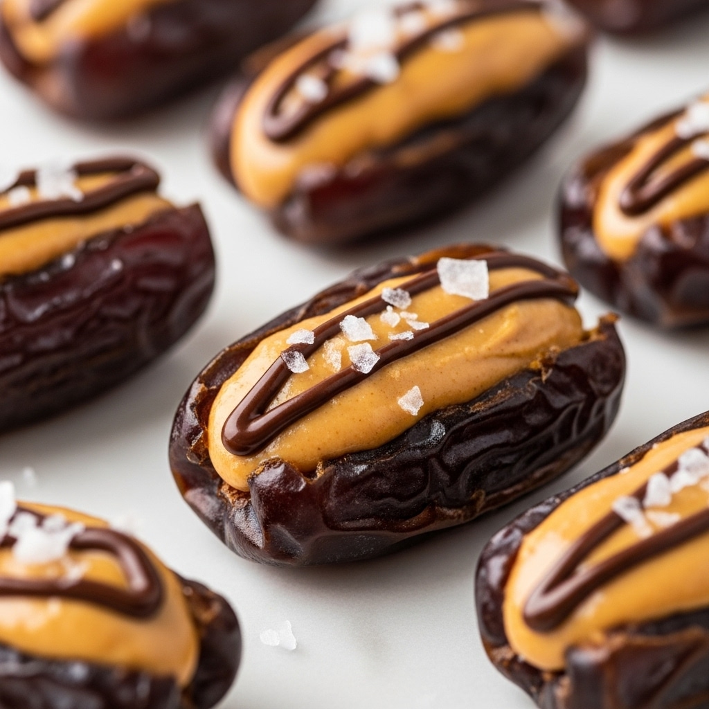 Several dates are halved and placed on a white marbled surface, each filled with a creamy light brown peanut butter layer inside the dark, wrinkled, shiny skins of the dates. The peanut butter layer is smooth with a slightly glossy texture, topped with a thin drizzle of dark chocolate and a few coarse flakes of white sea salt scattered on top. The focus is on the center date, with the others softly blurred in the background. The close-up view captures the rich textures and contrasts between the creamy filling and the wrinkled fruit skin. photo taken with an iphone --ar 4:5 --v 7