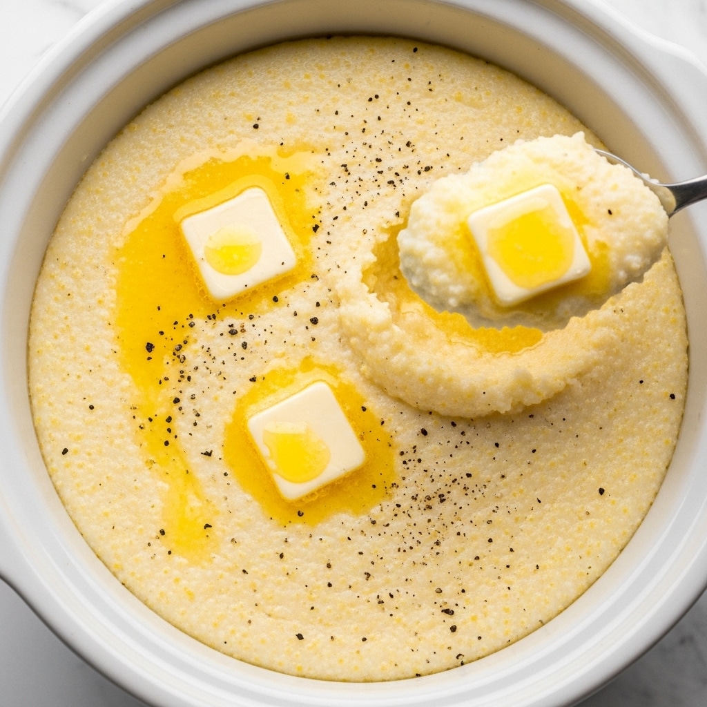 The image shows a close-up of creamy southern grits in a white crockpot, with a smooth, slightly grainy texture and pale yellow color. There are three small square pats of melting butter spread on top, with golden melted butter pooling around them. Black pepper is gently sprinkled over the surface, adding small dark specks. A spoon lifts a scoop of the grits, showcasing the thick buttery consistency and a square butter pat melting on it. The background is a white marbled texture. photo taken with an iphone --ar 4:5 --v 7