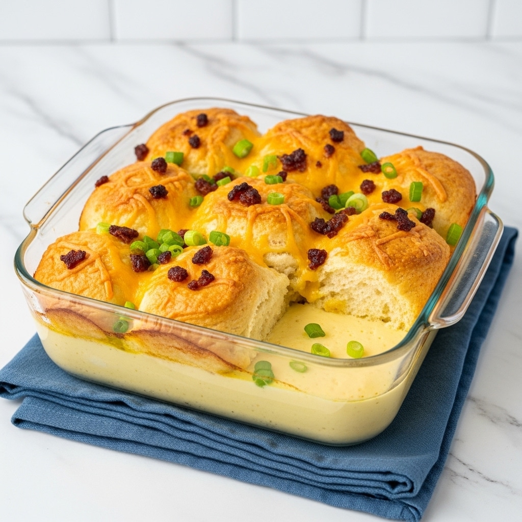 A glass square baking dish holds a baked dish with two main layers. The bottom layer is light yellow and smooth, likely a custard or egg base. The top layer is golden brown and puffy with melted cheese, small browned bits that look like bacon or sausage, and chopped green onions scattered on top for color. The dish sits on a folded blue cloth on a white marbled surface with tiles in the background. Photo taken with an iphone --ar 4:5 --v 7