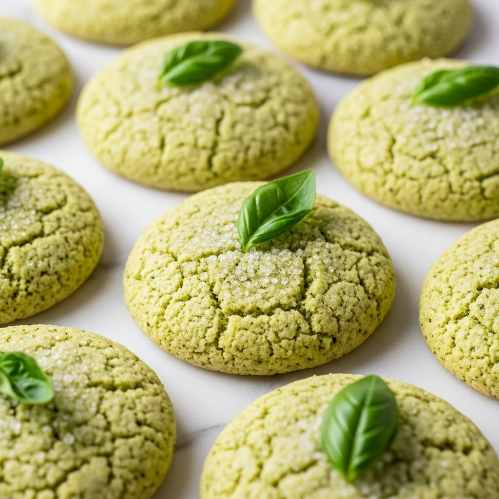 A close-up view of several round cookies with a soft, slightly bumpy texture placed closely together on a white marbled surface. Each cookie has a pale green color with tiny green specks throughout, giving them a fresh, herbal look. The tops are sprinkled with a light layer of white sugar crystals, adding a gentle sparkle. A few small, vibrant green leaves are placed atop some of the cookies, enhancing the fresh appearance and adding a pop of color. The scene is softly lit, highlighting the texture and colors of the cookies clearly. photo taken with an iphone --ar 4:5 --v 7
