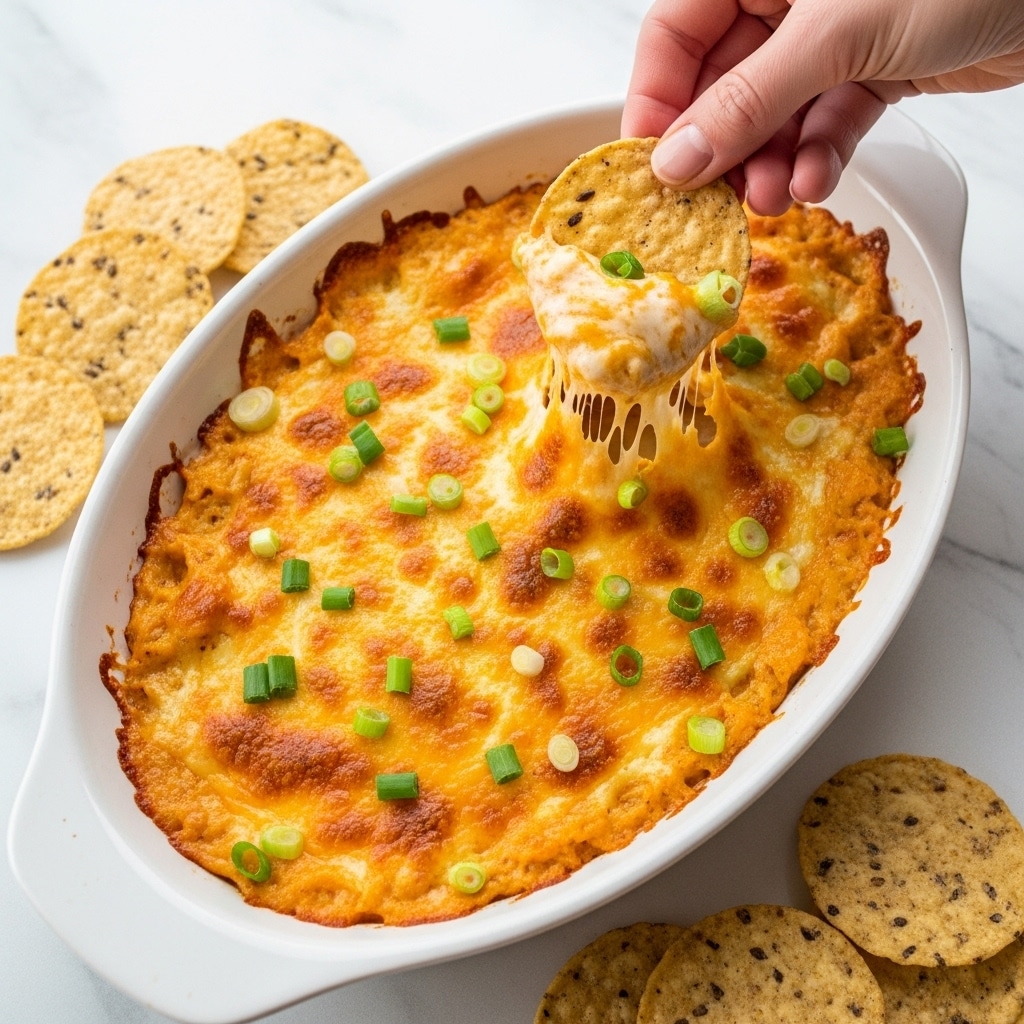 A white oval dish filled with a golden brown baked cheese dip topped with small pieces of green onions scattered across the surface. The melted cheese is bubbly and slightly browned in spots, creating a rich, creamy texture. A woman’s hand is holding a round, thin, multigrain chip dipped into the cheese, stretching a gooey, melted cheese pull. Surrounding the dish are a few more chips on a white marbled texture. photo taken with an iphone --ar 4:5 --v 7