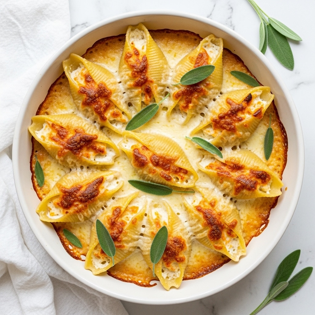 A white round dish holds large pasta shells filled with a creamy white cheese mixture, baked until golden brown on top with a few browned spots. The shells are arranged in a circle with their open ends facing outward, covered in melted cheese sauce that fills the dish. Fresh green sage leaves are scattered on top and around the shells, adding a contrast of color. The dish sits on a white marbled surface with a white cloth partially visible to the side. photo taken with an iphone --ar 4:5 --v 7