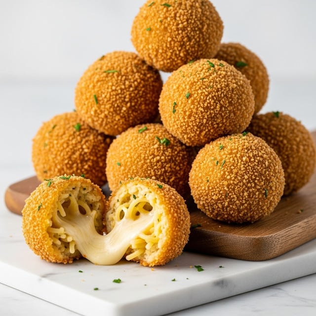 A group of seven golden-brown fried balls is stacked on a wooden board, each ball coated with a crispy breadcrumb layer speckled with tiny green herb bits. One ball at the front is split open, showing a creamy, melted cheese interior with soft, tangled pasta inside. The surface beneath is white marble texture, and the balls have a crunchy, textured crust with a warm, inviting color. photo taken with an iphone --ar 4:5 --v 7