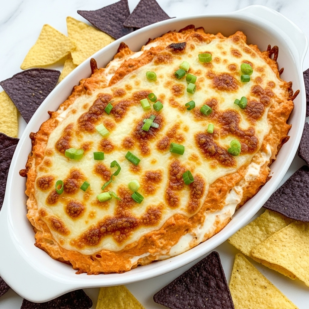 A white oval dish filled with a layered dip topped with melted, golden-brown cheese that has small burnt spots and scattered green onion pieces on top. The dip is thick, with a creamy orange and white mix showing through the cheese, indicating multiple layers underneath. Around the dish, there are scattered yellow and purple triangular tortilla chips on a white marbled surface, adding contrast and texture. photo taken with an iphone --ar 4:5 --v 7