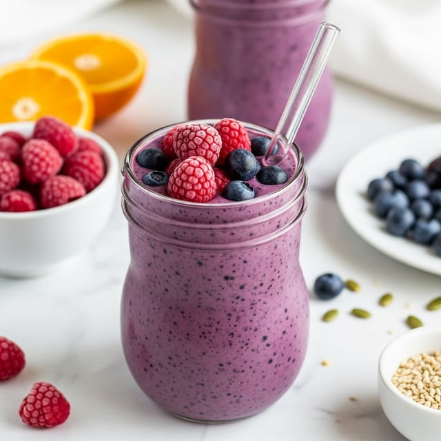 A thick, purple smoothie with dark speckles fills a uniquely shaped clear glass jar, topped with frozen bright red raspberries and deep blue blueberries. A transparent straw rests inside the jar from the right side. The jar sits on a white marbled surface with a white bowl of frozen raspberries on the left, orange slices behind it, and a white plate with dark berries and a small white bowl with light seeds scattered nearby. Another similar smoothie jar is slightly blurred in the background. photo taken with an iphone --ar 4:5 --v 7