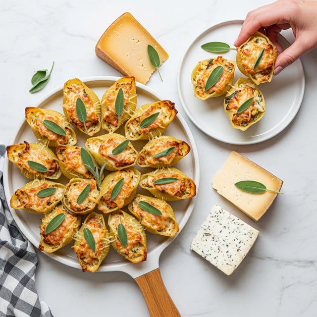 The image shows a round white plate with a wooden handle, filled with an arrangement of golden-brown stuffed shells. Each shell is filled with a creamy mixture, topped with melted cheese, and garnished with fresh green leaves that look like sage. The shells are slightly browned on top, showing a crispy texture. Next to the main plate is a smaller white round plate holding three stuffed shells with the same creamy, cheesy filling. There are two blocks of cheese beside the plates, one orange and one white with herbs, placed on a white marbled surface. A woman's hand is holding one of the stuffed shells on the smaller plate. photo taken with an iphone --ar 4:5 --v 7
