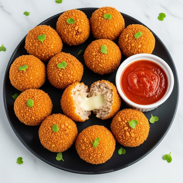 A round black plate holds ten golden-brown, crispy fried rice balls with a crunchy texture. One rice ball is broken open in the center, showing a white melted cheese filling inside the light brown rice. A small white bowl with bright red tomato sauce sits next to the rice balls on the plate. The plate is on a white marbled surface with a few small green garnish pieces around it. photo taken with an iphone --ar 4:5 --v 7