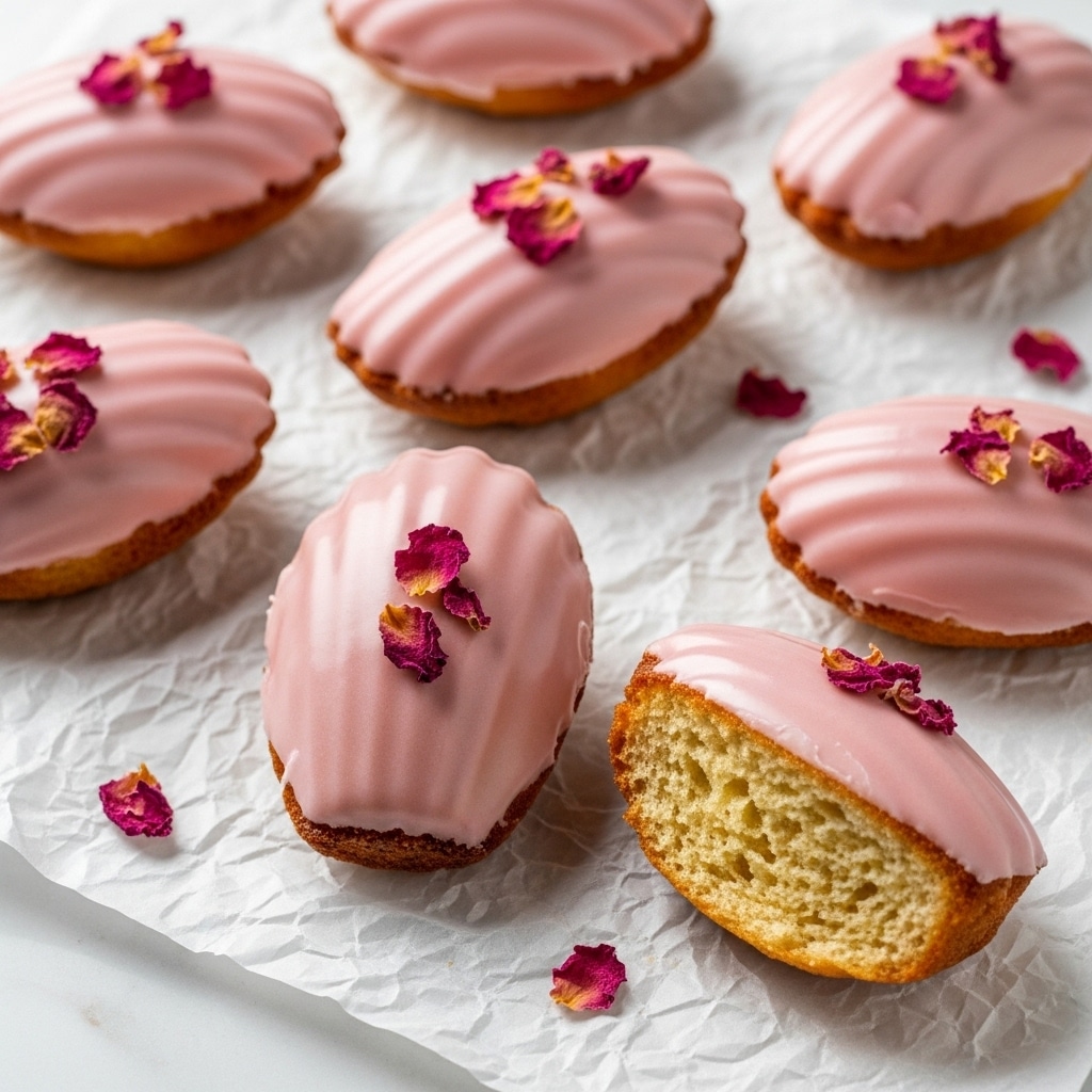The image shows several madeleines arranged on a crinkled white paper over a white marbled surface. Each madeleine has a golden brown base with a shell shape and is topped with a smooth, glossy layer of pale pink icing that fades softly to white toward the center. Delicate dried pink rose petals are scattered on top of the icing and around the madeleines, adding a touch of color and texture. One madeleine is positioned on its side, revealing the contrast between the golden brown shell base and the gentle pink icing on top. The overall feel is soft and delicate with light and shadows enhancing the textures. photo taken with an iphone --ar 4:5 --v 7