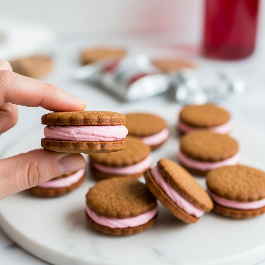 A close-up image showing a woman’s hand holding a sandwich cookie made with two brown, soft-looking biscuit layers with a smooth, light pink cream inside. The cream filling is thick and slightly uneven, giving a homemade feel. In the background, several similar cookies lie scattered on a white marbled surface with a soft focus, some wrappers and a red bottle blurred further behind. The light is natural and soft, highlighting the textures and colors gently. Photo taken with an iphone --ar 4:5 --v 7