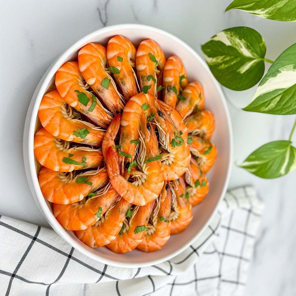 A white bowl filled with cooked shrimp that are orange in color and look juicy, arranged in many layers with shrimp tails and heads slightly overlapping. The shrimp have small green parsley leaves sprinkled all over, adding a fresh green contrast. The bowl is placed on a white marbled surface, and in the background, part of a green and white leafy potted plant is visible. A white cloth with black grid lines lies beside the bowl. Photo taken with an iphone --ar 4:5 --v 7