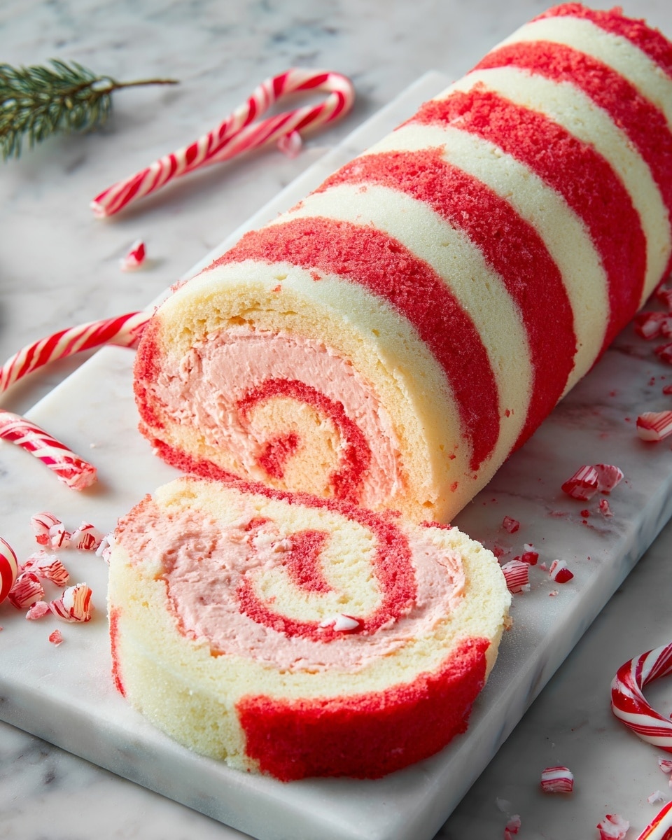 A rolled cake is shown on a white rectangular marble tray with a spiral pattern of bright red and white layers. The cake has a soft pink cream filling that swirls together with the red and white cake layers in a tight spiral. The outside of the roll alternates thick red and white stripes, and a slice is cut and laid flat in front of the roll, showing the creamy center and cake layers clearly. Around the tray are small broken pieces and whole candy canes with red and white stripes, set on a white marbled surface. photo taken with an iphone --ar 4:5 --v 7