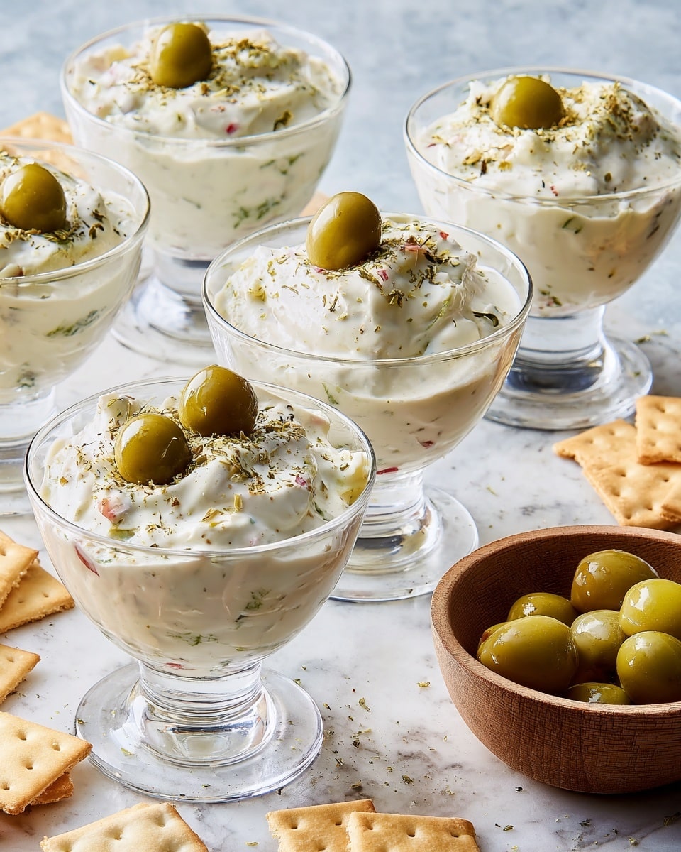 Six clear glass dessert cups are each filled with a creamy white mixture that looks thick and smooth with small bits of green and red inside. On top of each cup, there are two to three green olive halves and a sprinkle of black herbs or spices. The cups stand on a white marbled surface, surrounded by light beige crackers and a small wooden bowl holding more green olives. The overall look is fresh and inviting with soft textures and simple colors. photo taken with an iphone --ar 4:5 --v 7