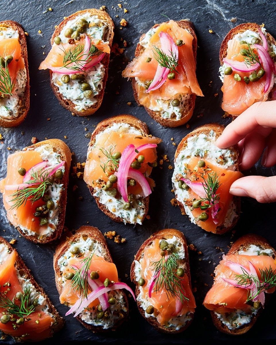 The image shows several small toasted bread pieces laid out on a dark slate surface, each topped with four layers: first, a creamy white spread with green herbs; second, pale pink-orange smoked salmon slices softly folded; third, thin, curved slices of light purple-red onion; and finally, garnishes of small green capers, tiny brown mustard seeds, and bright green dill sprigs scattered on top. A woman's hand is reaching from the right side, picking up one of the toasts. The colors of the toppings contrast nicely with the golden brown toasted bread and the dark background, creating a fresh and appetizing look. Photo taken with an iphone --ar 4:5 --v 7