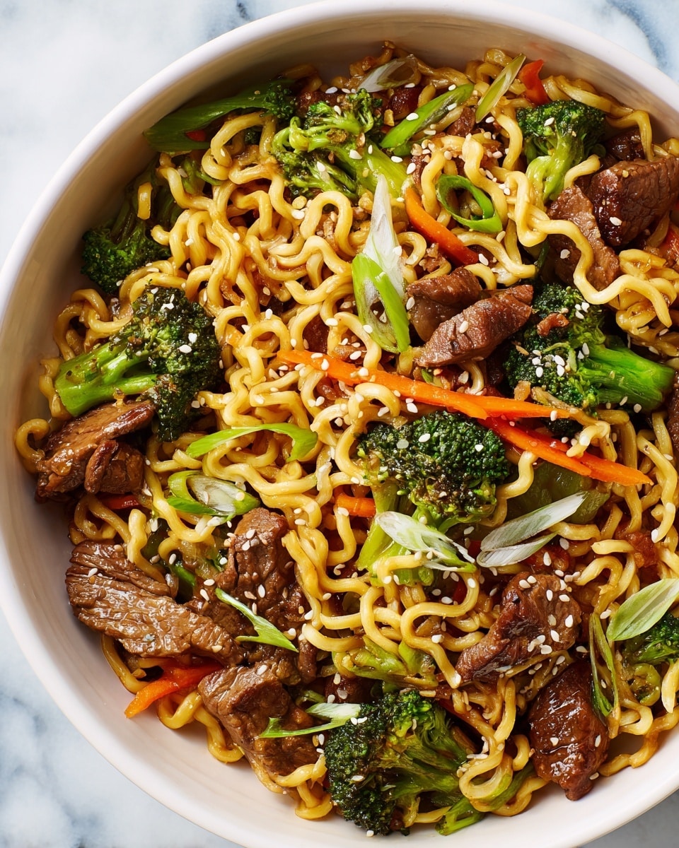 The image shows a close-up of a white bowl filled with a stir-fry dish. The base layer is tender, yellow curly noodles intertwined throughout. Mixed in are vibrant green broccoli florets and thin orange carrot strips, adding color and texture. Scattered around are browned pieces of cooked beef, slightly glossy with sauce. Thin slices of green onion rings add small pops of light green. The dish is finished with a sprinkle of white sesame seeds, creating a textured, flavorful appearance. The bowl sits on a white marbled surface. photo taken with an iphone --ar 4:5 --v 7
