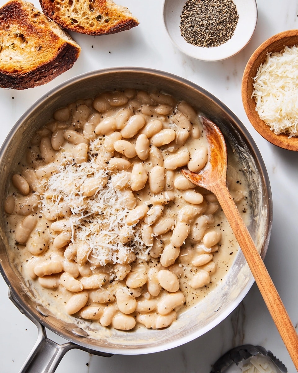 The image shows a shiny steel pan filled with about two layers of soft white beans covered in a creamy light beige sauce with a slightly thick texture. The top layer of beans is sprinkled with finely grated white cheese and small black pepper flakes. A wooden spoon rests on the right side inside the pan, partially covered with beans and sauce. Around the pan, there is a white bowl with crushed black pepper, a white marbled surface, a piece of toasted brown bread with a rough texture at the top left, and a small wooden bowl filled with grated white cheese. Photo taken with an iphone --ar 4:5 --v 7