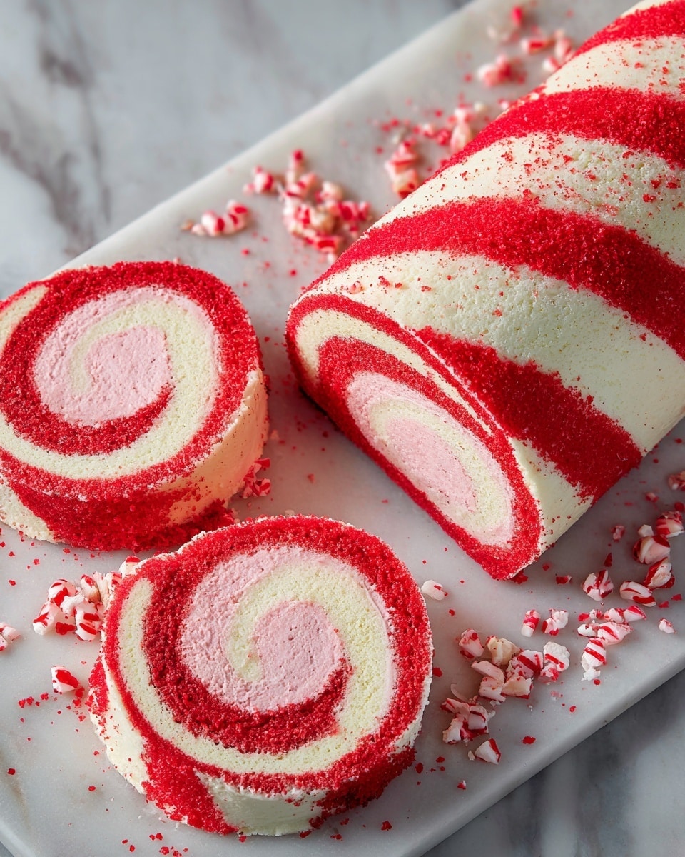 The image shows a rolled cake with red and white striped pattern on the outside. The cake is long and cylindrical, with alternating thick diagonal red and white stripes on its surface. Three round slices are cut from the roll and placed beside it, revealing a spiral inside with bright red cake layers wrapped around a light pink creamy filling. The slices have a soft, fluffy texture for the cake and smooth, slightly glossy cream in the center. Small pieces of crushed red and white candy are scattered around the cake on a white marbled surface. photo taken with an iphone --ar 4:5 --v 7