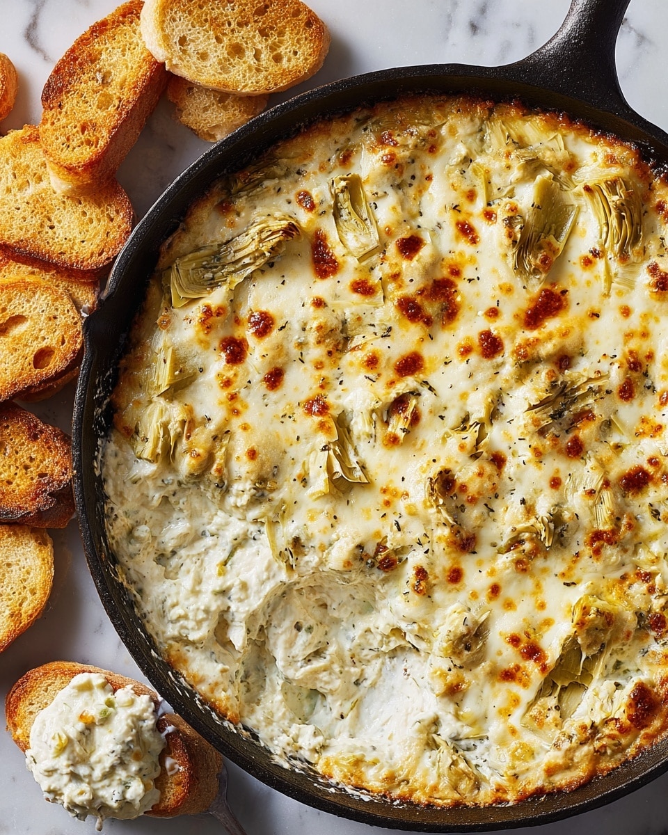This image shows a close-up of a round black cast iron skillet filled with a creamy dip that has a golden-brown melted cheese layer on top. The dip is thick and creamy with visible pieces of artichoke leaves mixed within the creamy white base. The cheese topping is bubbly and slightly browned in spots, giving it a textured look. Around the skillet on a white marbled surface, there are several small toasted white bread slices with a crispy golden color. One of the toasted bread slices near the bottom left has a scoop of the creamy artichoke dip on it, showing a rich and chunky texture. photo taken with an iphone --ar 4:5 --v 7