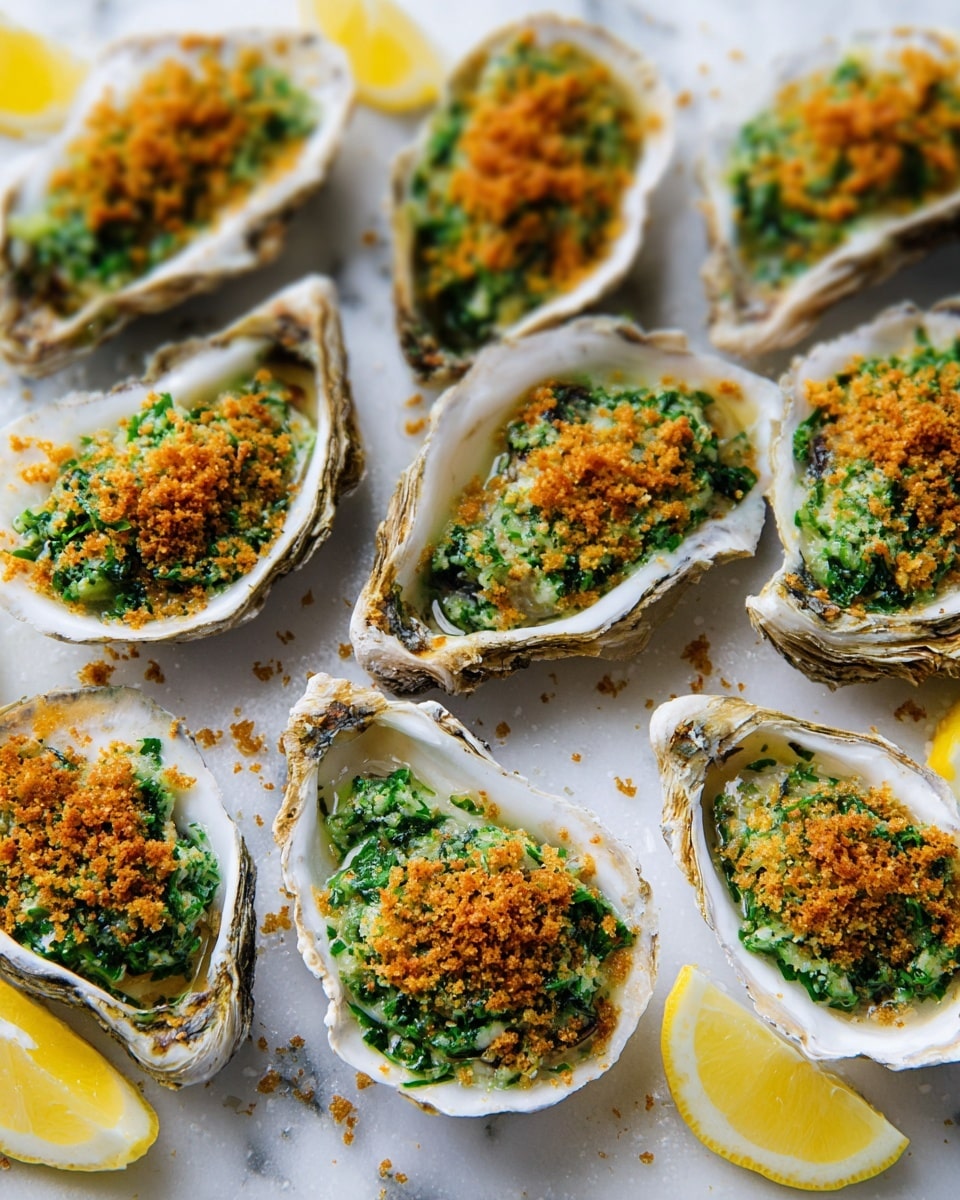 The image shows multiple oyster shells filled with a layered dish placed on a white marbled surface. Each oyster has a base layer of creamy, light beige oyster meat, topped with a bright green herb mixture that looks fresh and slightly chunky, covering most of the oyster. The top layer is a golden brown crumbly texture that appears crispy, sprinkled evenly over the green herb layer. The oyster shells vary in size but are all similarly filled, and there are two lemon wedges visible at the edges, adding bright yellow contrast. photo taken with an iphone --ar 4:5 --v 7