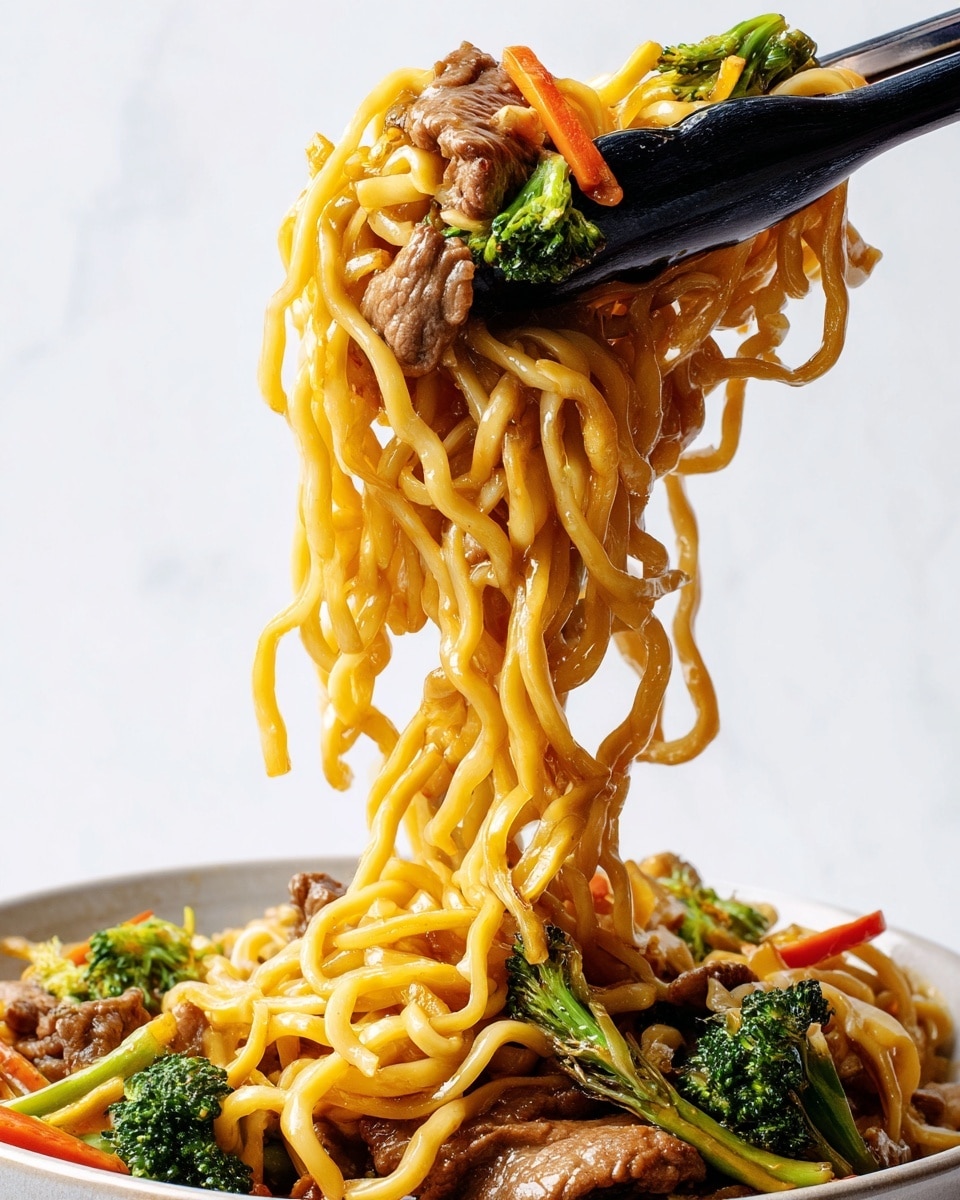 A close-up of cooked yellow noodles mixed with pieces of brown cooked beef, bright green broccoli, and small strips of orange carrot held by a pair of black kitchen tongs. The noodles hang loosely and appear glossy with sauce, showing their wavy texture, while the vegetables provide colorful contrast. The background is a plain light color with a white marbled texture. photo taken with an iphone --ar 4:5 --v 7