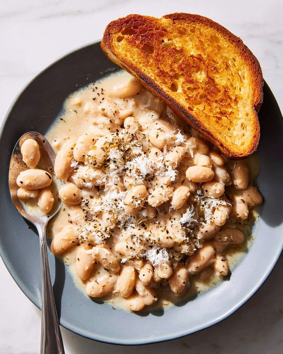 A gray plate holds a creamy white bean stew with a slightly thick sauce. The stew is topped with small, finely grated white cheese and sprinkled with black pepper. A golden-brown toasted bread slice rests on the right side of the plate. A silver spoon filled with beans and sauce lies on the left side, partly inside the dish. The whole plate sits on a white marbled surface. photo taken with an iphone --ar 4:5 --v 7