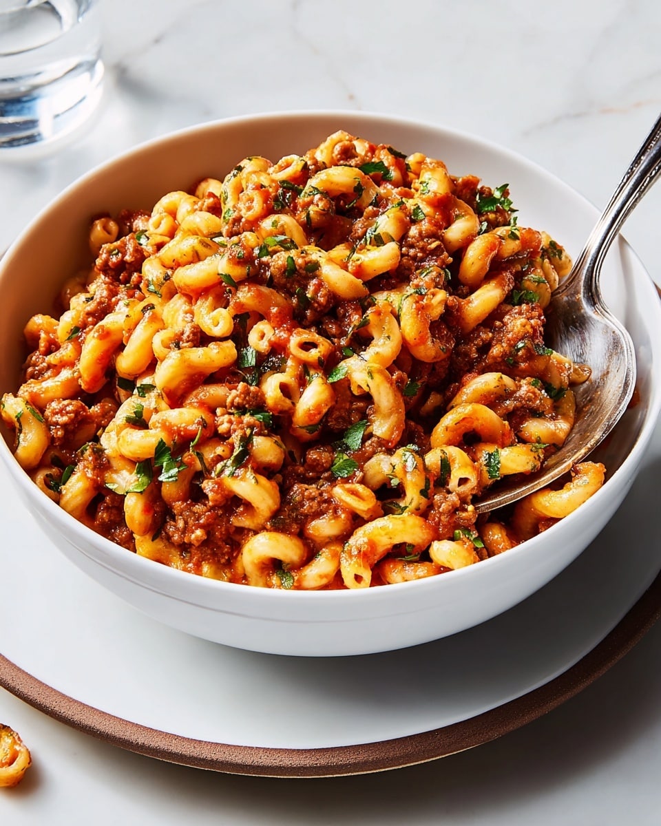 A deep white bowl filled with three visible layers of food: the bottom layer has small pieces of browned cooked meat, the middle layer consists of small pasta pieces in a reddish tomato sauce, and the top layer features a mixture of pasta, cooked meat, and small green herb leaves sprinkled all over. The pasta is curly and thick, coated in the sauce, and the meat looks crumbly and juicy. There is a spoon resting inside the bowl, which sits on a white plate with a brown edge, all placed on a white marbled surface. A bit of pasta has fallen beside the bowl. photo taken with an iphone --ar 4:5 --v 7