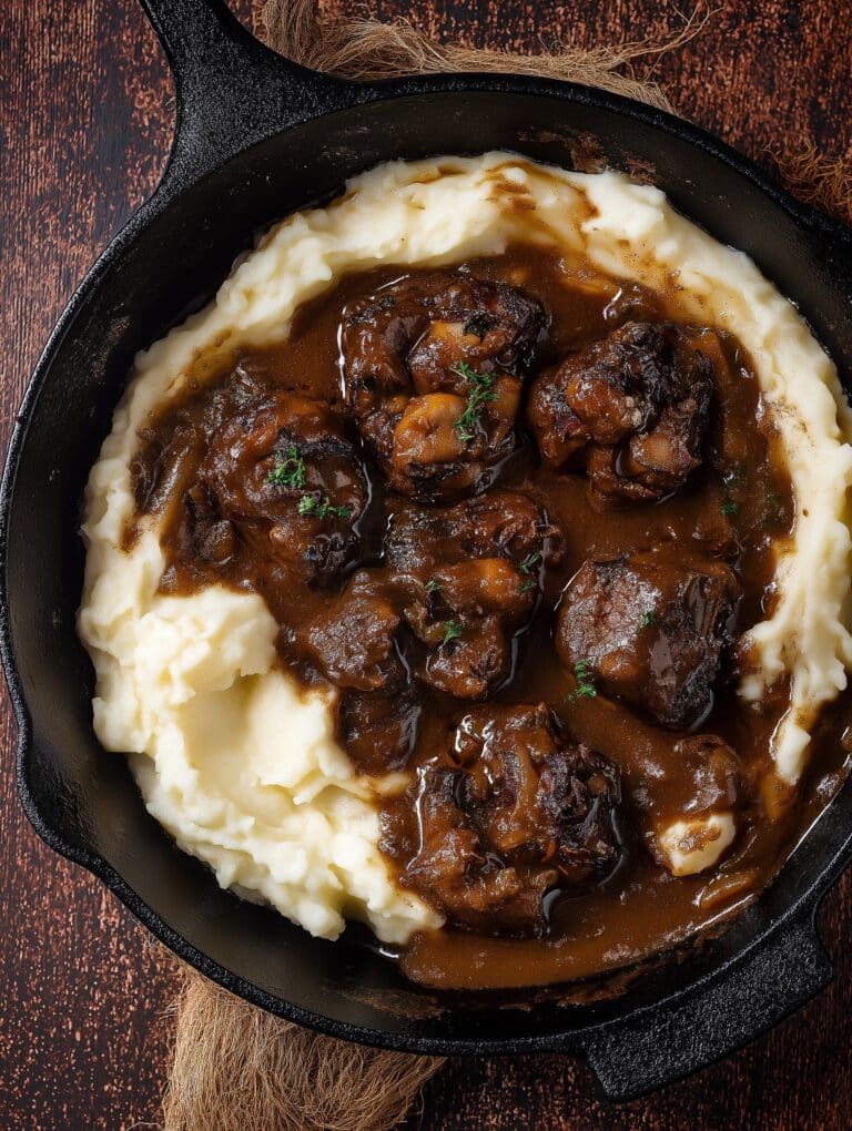 Steak Bites with Mashed Potatoes and Rich Gravy Recipe