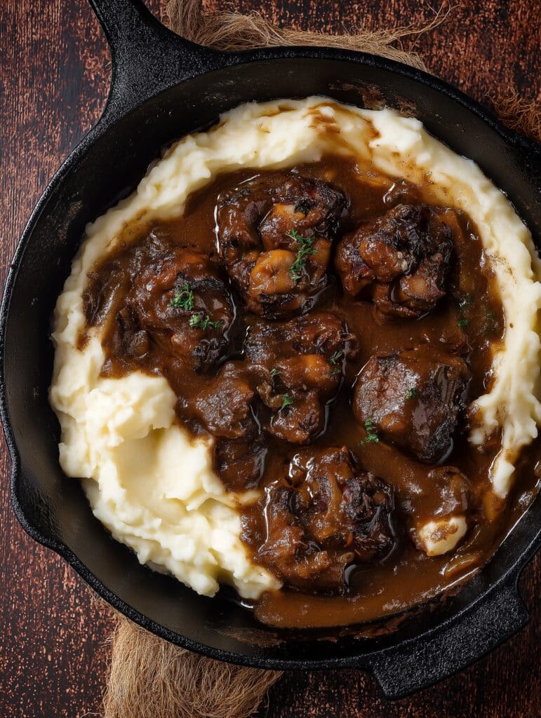 Steak Bites with Mashed Potatoes and Rich Gravy Recipe