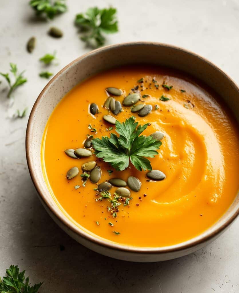 Sweet Potato Soup with Cumin, Cream, and Crunchy Garnishes Recipe