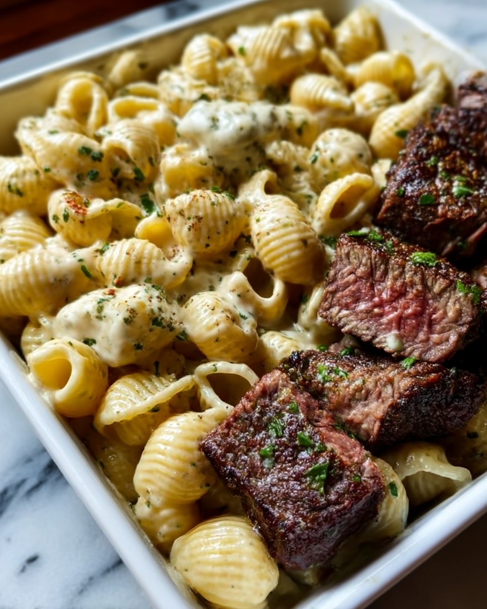 Steak Bites with Shell Pasta in Garlic Butter Alfredo Sauce Recipe - Recipe Image
