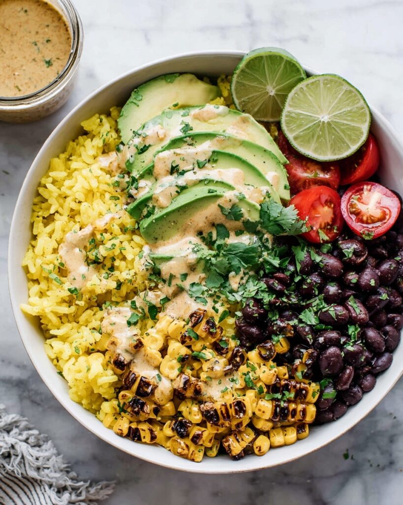 Black Bean Burrito Bowl with Roasted Corn and Creamy Chipotle Sauce Recipe