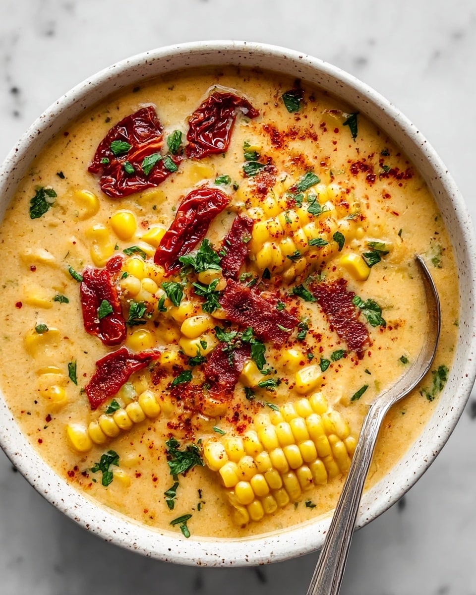 Irresistible Sun Dried Tomato Corn Chowder with Goat Cheese Croutons Recipe - Recipe Image